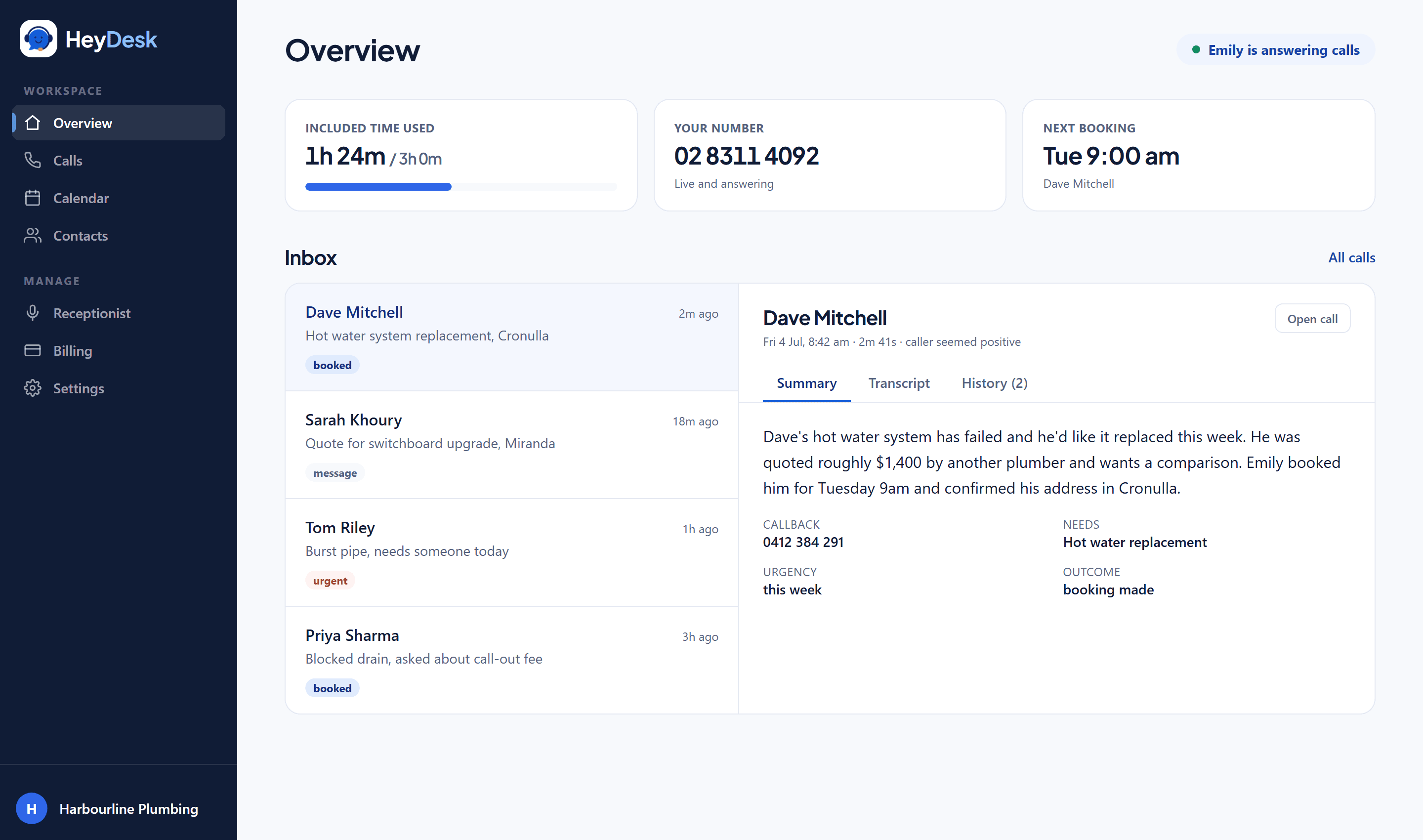 The HeyDesk dashboard: live calls, bookings and usage in one view